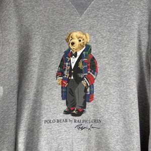 Polo Ralph Lauren Polo Duffel Bear Tartan Plaid Coat Fleece Sweatshirt Grey L